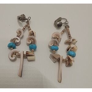 Sterling Silver Turquoise and Shell Clip On Dangle Earrings